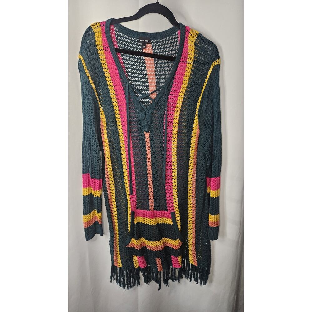 Torrid Striped Open Stitch Pullover Fringe Hem Sweater 1X Kangaroo Pocket Boho